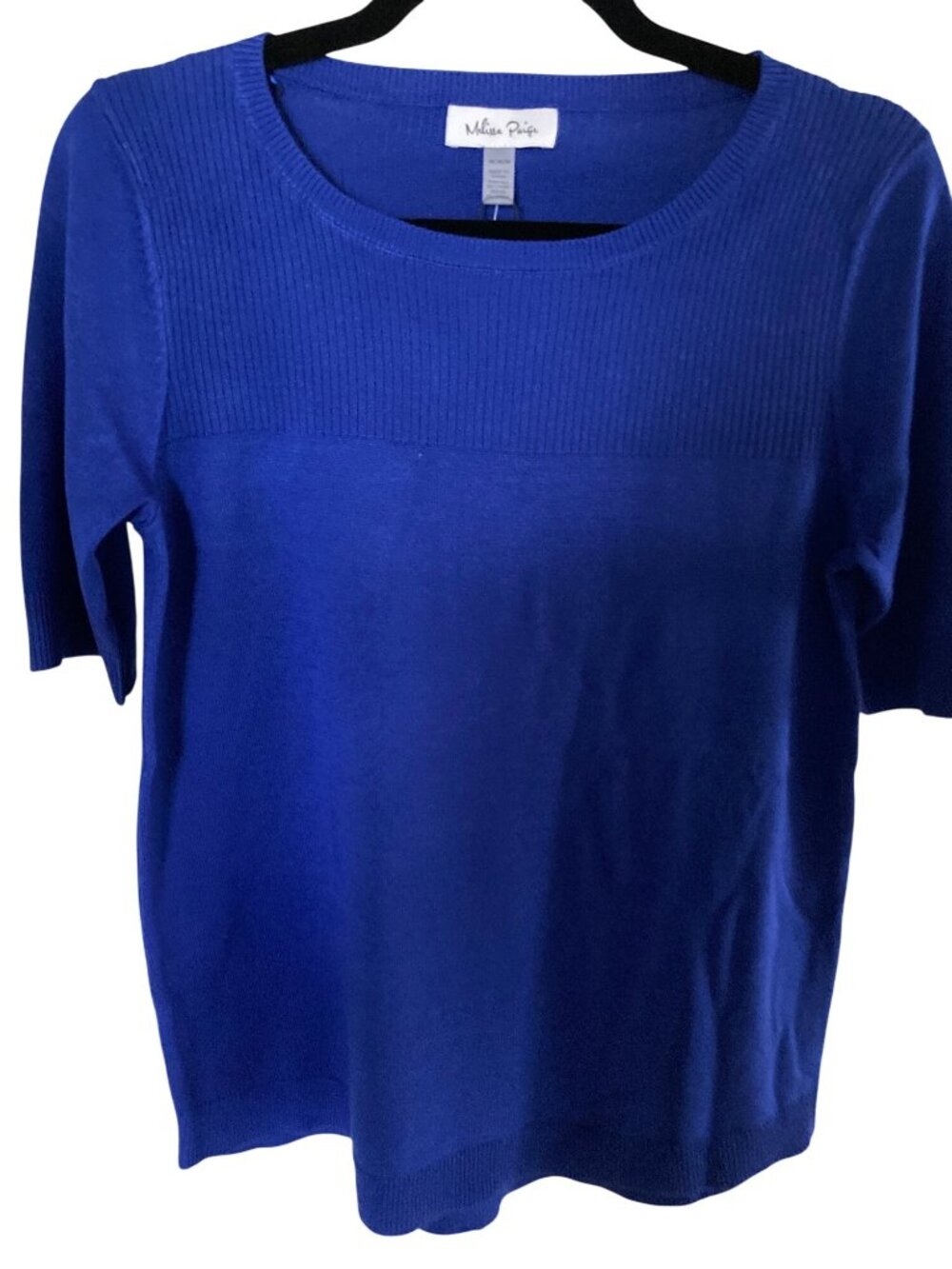Melissa Paige Angelfish Blue Ribbed Crewneck Short Sleeve Knit Sweater NWT Mediu